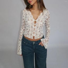 Women's Blouses Women Sheer Lace Floral Blouse Short Tops Long Sleeve V Neck Streetwear Female Cropped See Through Clubwear Chic