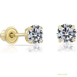 14k Yellow Gold Solitaire Round Cubic Zirconia Stud Earrings in Secure Screw-backs