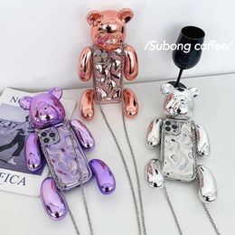 Cell Phone Cases Crossbody metal Chain 3D dimensional tide Bear Phone Case For iPhone 15 14 Pro Max 13 12 11 Shockproof Bumper Lens Protect Cover J240509