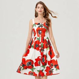 Casual Dresses Fashion Summer Women Elegant Vintage Flower Print Sexy Square Collar Sleeveless Spaghetti Strap Holiday Beach Boho Party Dre