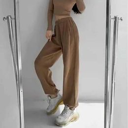 Women's Pants Capris Knitted Cotton Beam Foot Guard Pants Spring and Autumn Womens Elastic Loose Drawstring Sweatpants Loose Straight Leg Pants Y240509