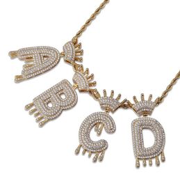 Who AZ Custom Name Crown Drip Letter Pendant Necklace With Rope Chain Gold Silver Colour Cubic Zircon Jewelry3594732