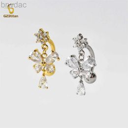 Navel Rings G23titan Bright White Crystal Butterfly Dangle Reverse Belly Ring 14G Stainless Steel Titanium Barbell Women Sexy Body Jewelry d240509