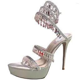 Dress Shoes Women's Round Sandals Luxury Design Water Diamond Snake Shaped Winding Tape Waterproof Platform High Heels