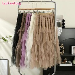 Skirts LKF Casual Versatile Irregular Mesh Skirt For Women's High Waisted Slimming Mid Length Fluffy Cake Wholesale