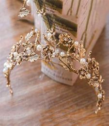 Vintage Baroque Gold Pearl Leaf Bridal Tiara Crystal Crown Hairband Headpiece Vine Wedding Hair Accessories Bride Headband 21070129243918