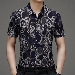 Men's Casual Shirts Summer Middle Aged Ice Silk Short Sleeved Flower Shirt Fragmented Loose And Thin Dad's Jacquard