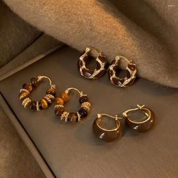 Hoop Earrings Gold Plated Fashion Maillard Tiger Eye Stone Tassel All-matching Simple Drop