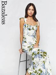 Casual Dresses 2024 Elegant Long Dress Sexy Summer Blue Green Floral Print Women Vintage Adjust Spaghetti Straps Chiffon