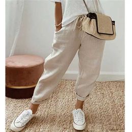 Women's Pants Capris Womens loose casual cotton linen pocket elastic pants Q240508
