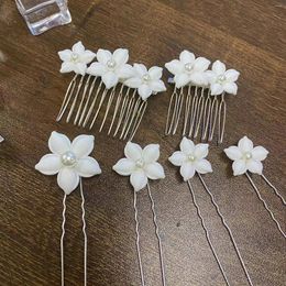 Hair Clips Flower Pearl Combs Hairpin Set U-shaped Ceramic Flowers Wedding Bridal Comb Headdress Accessories