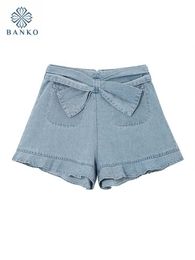 Women's Shorts Korean Fashion Solid Denim Shorts Classical Women High Strt Bow Jeans Short Wide-Legged Hot Pants Strtwear American Retro Y240504