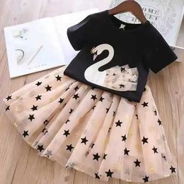 Clothing Sets Kid Girl Clothes Cartoon Swan Lace T-shirt+Star Tulle Skirt 2Pcs Set Baby Outfit Casual Girls Suit Fashion Two-Piece H240508
