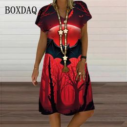 Casual Dresses Gothic Style Red Black 3D Bat Print Women Dress Elegant V-Neck Party Fashion Short Sleeve Loose Oversized Clothes