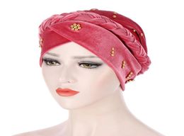 BeanieSkull Caps Gold Velvet Inner Hijabs Muslim Turban For Women Ethnic Islamic Wrap Head Turbante Ready To Wear Hijab Bonnet9421284