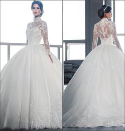 High Neck Lace Ball Gown Wedding Dresses Vintage Royal Long Sleeves Tulle Applique Sweep Train Bridal Gowns With Buttons BA39552415538