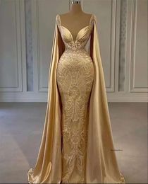 Gold Mermaid Prom Dresses With Wrap Beaded Lace Appliqued Evening Dress Party Second Reception Gowns Plus Size 0509