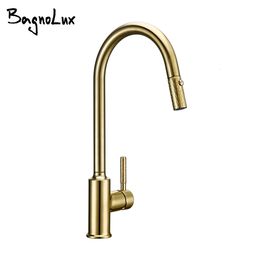 Bagnolux Brushed Gold Brass Kitchen Faucet Premium Gooseneck Pull Out Kitchen Faucet Sink Mixer Tap Solid Brass Construction 240508