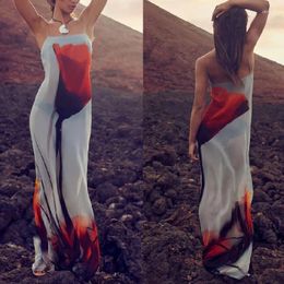 Casual Dresses 2024 Sexy Halter Print Positioning Chiffon Long Dress Floor-length Holiday For Women