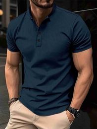 Men's Dress Shirts The Best-Selling Fashionable Mens Summer Henley Shirt Solid Colour Crewneck Button-Up Short Sleeve Elastic Breathable Top d240427