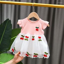 Girl Dresses Baby Summer Short-sleeved Dress Small Cherry Embroidery Mesh Stitching Princess