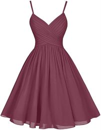 Short Homecoming Dresses Spaghetti Pleats Deep V-Neck Lace-up Chiffon A-Line Plus Size Cocktail Formal Occasion Cocktail Prom Party Graudation Gowns Hc25