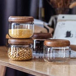 Storage Bottles 1PC Transparent Jar Acacia Wood Japanese Round Tea Dried Fruit Miscellaneous Grains Glass Sealed