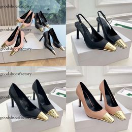 Metal Gold-tone Toe Genuine Leather Pumps Slingback Stiletto Heels Square Original edition