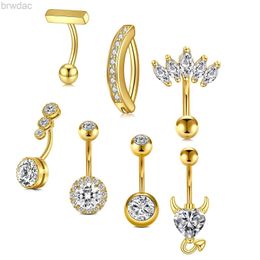 Navel Rings Golden Belly Button Rings Pack Stainless Steel 10mm Heart Flower Zircon Crystal Navel Hoops Clicker Belly Piercing Jewelry d240509