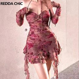 Casual Dresses ReddaChic Women Floral Mini Dress With Arm Sleeves Mesh Stretch Cut-out Ruffle Bandage Corset Desire One-piece Summer Clothes