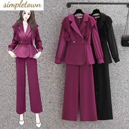 Others Apparel Ruffle Edge Pleated Chiffon Shirt Jacket Casual Wide Leg Pants Two-piece Elegant Womens Pants Set Office Professional Outfits Y240509