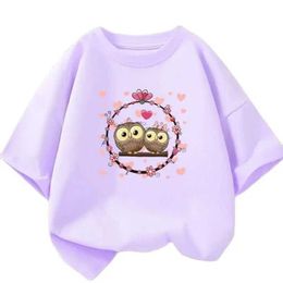 T-shirts 2024 Summer New Cute Owl Print Girl T-shirt Harajuku Childrens Top T-shirt Casual Street Clothing Short Sleeve Pink T-shirtL240509