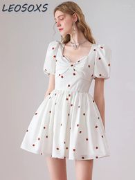 Party Dresses French Sweet Strawberry Printed Short Sleeve Dress Women 2024 Summer Cute Girl Artistic White Vestidos Elegantes