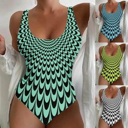 Women's Swimwear Sexy Bikini Women Large Size Figure Shaping U Neck Striped Print Sports Swimsuits Swimsuit High Waisted Bottoms