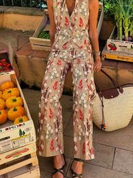 Women's Two Piece Pants Vintage Flower Printed Wide Legs 2 Sets Women Chic Single Breasted V Neck Vest Suits Spring Lady Street Outfits