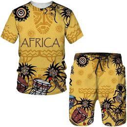 African Mens Wear 2 Piece Tracksuit Set Ethnic Style Dashiki Shirt Short sleeved T-shirt 240507