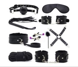 10pcsset Plush Handcuffs Leather Whip Ball Gag Magic Wand Nipple Clampls Cotton Rope SM Appliances Women bdsm Bondage Slave Eroti8444823