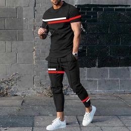 Men's Tracksuits Mens Trousers Tracksuit 2 Piece Sets Sportswear Tops Ts Short Slve T Shirt+Long Sweatpants O Neck Fashion Men Clothing Y240508