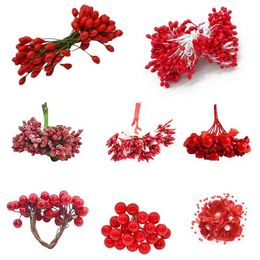 Decorative Flowers Wreaths Red Theme Artificial Flower Cherry Stamen Berries Bundle DIY Christmas Decoration Wedding Cake Gift Box Wreaths Xmas Decor