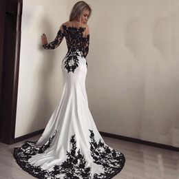 Sexy White and Black Evening Dresses Illusion Sheer Neckline Long Sleeves Chiffon Tulle Floral Applique Sweep Train Prom Dress Plus Siz 215J