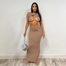 Skirts 2 Piece Set Women Elegant Solid Sexy Hollow Out Crop Tank Tops And Split Maxi Skirt Matching Streetwear Party Clubwear