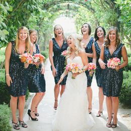 Sequins Short Bridesmaid Dresses Navy Blue Order Custom Made Wedding Party Guest Gown Junior Maid of Honour Dress Cheap 2580