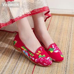 Casual Shoes Veowalk Red Floral Fabric Women Soft Comfortable Slip On Ballet Flats Autumn Spring Retro Ladies Walking Size 34-41