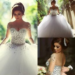 Designer Luxury Crystals Long Sleeves Ball Gowns Wedding Dresses Rhinestones Lace-up Back Arabic Wedding Gown Sheer Neck Vestidos De No 208P