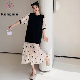 Party Dresses Loose Plus Size 2024 Summer Maxi Dress Black Rose Patchwork Lady T-Shirt Short Sleeve Female Robe Clothes KE2635