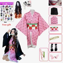 Anime Nezuko Cosplay Costume Kimono Devil Hunter Kamado Nezuko Costume Wig Womens Girls Kimono Uniform Clothes 240510