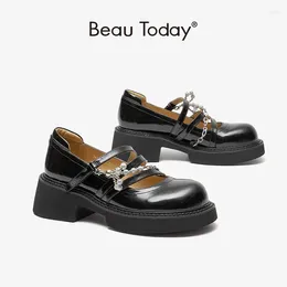 Casual Shoes BeauToday Platform Lolita Women Cow Leather Round Toe Triple Straps String Bead Hook Loop Girls Uniform 28435