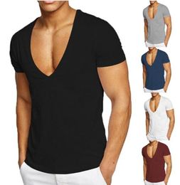 Men039s TShirts Deep V Neck T Shirt For Men Low Cut Stretch Tee Invisible Vee Top Short Sleeve Fitted Soft Plain Over Sized1261850