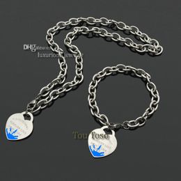Women 925 letters engraved enamel heart charms Bracelet Necklace jewelry sets stainless chunky chain necklaces bracelets ladies party gift