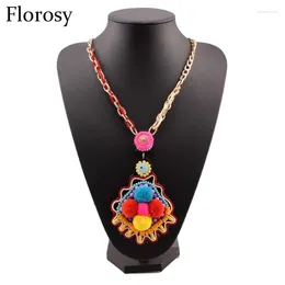 Necklace Earrings Set Gold Colour Long Chain Big Pendant For Women Colourful Cotton Ball Handmade Ethnic Acrylic Bead Ladies